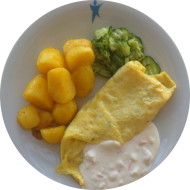 简介：Eieromellette mit frischem Schnittlauch（15,19）an Paprika-Quark-Dip（19）dazu Schwenkkartoffern und Gurkensalat
