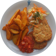 2 Pastinaken-Steckrüben-Röstis (15,81,84) mit fruchtiger und leicht scharfer Tomaten-Paprika-Salsa dazu Kartoffelspalten und Salatgarnitur