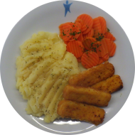 4 gebackene Fischstäbchen (16,56,81) mit zerlassener brauner Butter (19) dazu Fingermöhrchen und hausgemachter Kartoffelstampf (18)