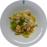 'Linguina Paola' - Bandnudeln mit Wildlachs, Gemüse und Shrimps und Gemüsejulienne (14,16,19,21,56,81)