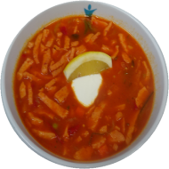 Soljanka mit Jagdwurst, Salami und Paprika (2,3,8,9,22,51,52,81) dazu ein Weizenbrötchen (81)