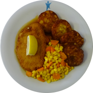 Schweineschnitzel 'Cordon Bleu' mit Zitronenecke (2,3,19,51,81) und Bratenjus (81) dazu Möhren-Mais-Gemüse und Röstitaler