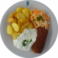 Hirtenrolle mit Frischkäsefüllung (15,18,19,49,51,81) dazu Aioli-Dip (9,15,19,49,81), Kartoffel-Chips und Garnitur