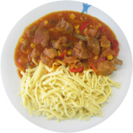 Paprikagulasch mit Chili und Gemüsemais (1,3,21,51,81) dazu Pasta (81)