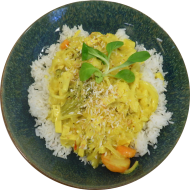 Hähnchen Kokos-geschnetzeltes “Thai“ mit Mango und Chilinote (19,54) dazu Basmatireis