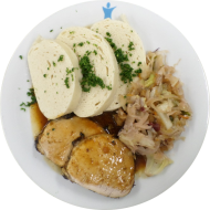 Schweinebraten vom Rücken mit Schwarzbiersoße (22,44,51,52) und Preiselbeer-Spitzkraut dazu Knödelscheiben (15,19,81)