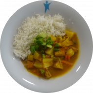 Tofupfanne 'süß-sauer' mit Ananas und Frühlingszwiebel (2,18,81) dazu Langkornreis