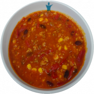 'Chili sin Carne' mit Sojagehacktem, Kidneybohnen und Mais (18,49,81) dazu Fladenbrotecke (81,83)