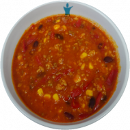 'Chili sin Carne' mit Sonnenblumenhack, Kidneybohnen, Paprika und Mais (49,62) dazu ein Mini-Kaiserbrötchen (81,83)