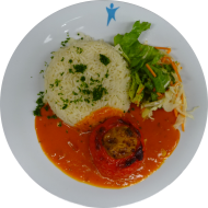 Gefüllte Paprikaschote (21,22,49,81) dazu 'Sauce a la mancha' (Paprika;Knoblauch) (18,62) und Kräuterreis