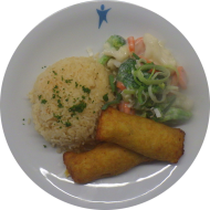 2 Kartoffeltaschen mit Frischkäsefüllung (19) und buntem Rahmgemüse (19,62,81) dazu Petersilien-Risotto (62)