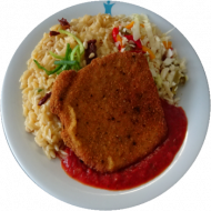 Schweineschnitzel 'Toscana' in würziger Kräuterpanade (13,15,51,81) dazu Tomatensoße (81) mit Pastasotto & gehobeltem Hartkäse (3,15,19,24,49,81)