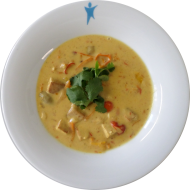 'Tom Kha Tofu' mit Ingwer,Zitronengras, Champignons, Kokosmilch, Koriander (18,81) dazu Fladenbrot (23,81)