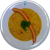 Hausgemachter Erbseneintopf (3,21) mit Wiener Würstchen und Senf (1,2,3,22,51,53) oder 1 Apfel dazu 1 Kornquarkstange (81,82)