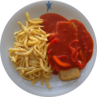 Bio: Gebratenes Tofusteak nach 'Ungarischer Art' (18,81) dazu Spätzle (13,15,81) 