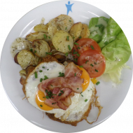 'Haufen Mist' Schweineschnitzel mit Spiegelei, Bratkartoffeln und Bacon (2,3,15,51,81)