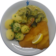 Gebackenes Schollenfilet mit Zitrone (16,81,82) dazu Schmorgurke nach 'Havelländer Art' (19,22) und Petersilienkartoffeln