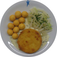 Blumenkohl-Käse-Medaillon (15,19,21,81) dazu Kohlrabigemüse mit frischer Petersilie und Pommes Noisette (15)