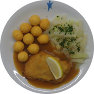 Hähnchenfilet 'Nicole' mit Zitrone (2,8,19,54,81) an Geflügelsoße (54,81) dazu Kohlrabigemüse mit frischer Petersilie und Pommes Noisette (15)