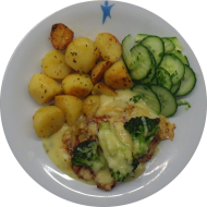 Gebratenes Putensteak mit Brokkoli und Käse überbacken (19,54) an Sauce Bearnaise (15,19,21) dazu gebackene Macairekartoffeln (81) und Salatgarnitur