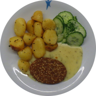 1 Grünkern-Käse-Medaillon (15,18,19,21,23,81,85) an Sauce Bearnaise (15,19,21) dazu gebackene Macairekartoffeln (81) und Salatgarnitur