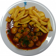 Currywurst 'Weserhaus Art' - gebratene Rosterscheiben in pikanter Currysoße (2,3,9,49,51,52) dazu Pommes rot-weiß (9,15,19,81)