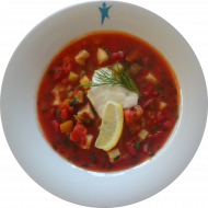 Fischsoljanka 'Usedomer Art' mit Seelachs, Paprika, saurer Sahne, Dill (16,19) und Zitrone(16,19,56)