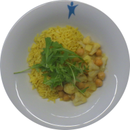 Kleine Portion: Blumenkohl-Kartoffel-Wok mit Kichererbsen (2,49) dazu Kurkumareis