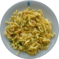 Badische Käsespätzle mit Röstzwiebeln und gratiniert mit Käse (15,19,81)