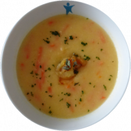 Vegan: Pastinaken-Karotten-Creme- Suppe (3,18,21,81), Brötchen (81,82)