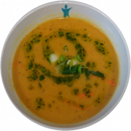 Kleine portion: Kicherbsensuppe mit Korianderpesto (24,49) dazu Fladenbrotecke (81,83)