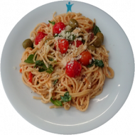 Spaghetti 'Mykonos' mit Kirschtomaten,Hirtenkäse & Oliven (3,6,19,24,49,81)