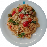 Spaghetti 'Mykonos' mit Kirschtomaten,Hirtenkäse und Oliven (3,6,19,24,81)