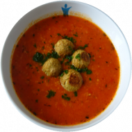 Vegan: Leichte Tomaten-Couscous-Suppe (2,18,49,81) mit frittierten Falafel (81), Einsiedler Landbierbrot (81,82,83)
