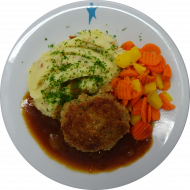 Zwickauer Beefsteak mit Schmorzwiebeln (15,22,49,81) dazu Kartoffelbrei mit Röstzwiebeln (19,81) und gebutterte Fingermöhrchen (19)
