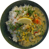 'Spicy Green' Curry mit Brokkoli, Süßkartoffel, Champignons, Kokosmilch (18,49) dazu Jasmin-Duftreis