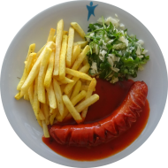 Grillabend: Grillwurst (1,2,3,8,46) mit Currysoße (1,2,9,10,11) dazu frittierte Kartoffelstäbchen und Salatgarnitur