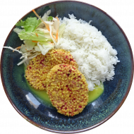 2 vegane Rote-Beete-Puffer (81) mit Chili- Ingwer- Soße dazu Basmatireis und kleiner Salatmix