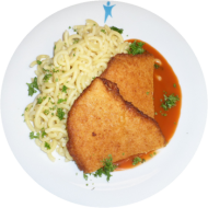 Hähnchenbrust 'Piccata' mit Parmesanpanade (19,81) dazu Tomaten-Basilikum-Soße dazu Spaghetti (81)