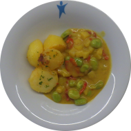 Kleine Portion: Steckrüben-Bohnen-Paprika-Wok an geschwenkten Chilikartoffeln (14,18,81)