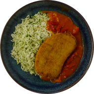 Gebackenes Gemüseschnitzel (21,81) mit Paprikasoße (81) dazu Kräuterreis
