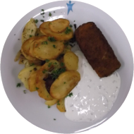 Hirtenrolle mit Frischkäsefüllung (15,18,19,49,51,81)an Majonnaise-Kräuter-Dip (9,15,19,81) dazu Bratkartoffeln und frisches Obst