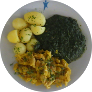 Kichererbsenrührei mit Spinat (81) und Petersilienkartoffeln