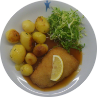 Hähnchenbrustfilet 'Nicole' mit Frischkäse-Füllung und Zitronenecke (19,21,54,81) an Geflügelsoße (49,54,81) dazu Rosmarinkartoffeln (49) und kleiner Frisee-Salat