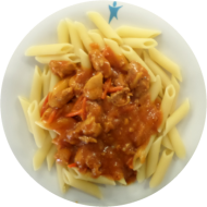 Deftiger Rindergulasch mit Paprika (21,22,24,44,52,63,81) dazu Fussili (62,81)