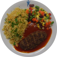 Pikantes Rinderhacksteak 'Hacienda' (15,22,52,81) an Currysoße 'BBQ-Style' mit Koriander (21,81) dazu Sombrerogemüse (21) und Bratreis