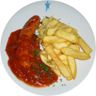 Grillwurst, (1,2,3,46,51) mit Paprikasoße (81) dazu Steakhouse Pommes und Garnitur