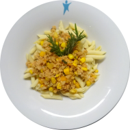 Penne Mezzanelli mit Kürbis-Soja-Geschnetzelten (18,49,81)