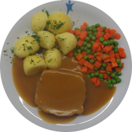 Geflügelhackbraten (15,54,81) mit Rahmsoße (19,49,54,81) dazu Mischgemüse und Petersilienkartoffeln