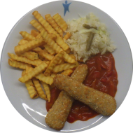 2 Sesam-Karotten-Sticks (23,81) mit Paprika-Letscho-Soße (3,9,22,81) dazu Pommes frites und Salatgarnitur (9)